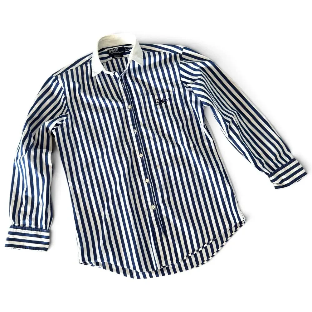 Polo Ralph Lauren Rhodes Custom Fit Nautical Stripe Shirt Men Navy White M 15.5
